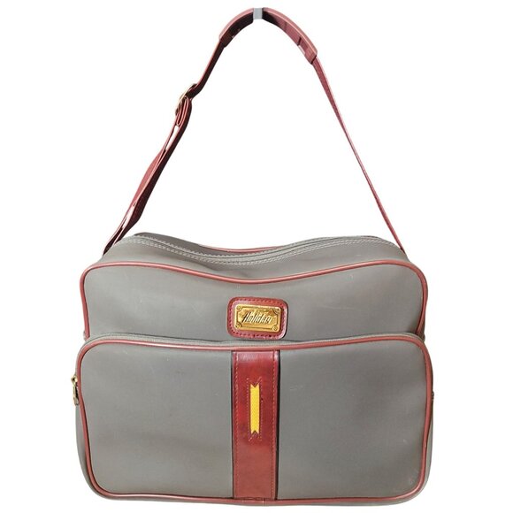 Vintage Holiday Travel Bag Gray & Red Faux Leather Adjustable Strap - Picture 2 of 16